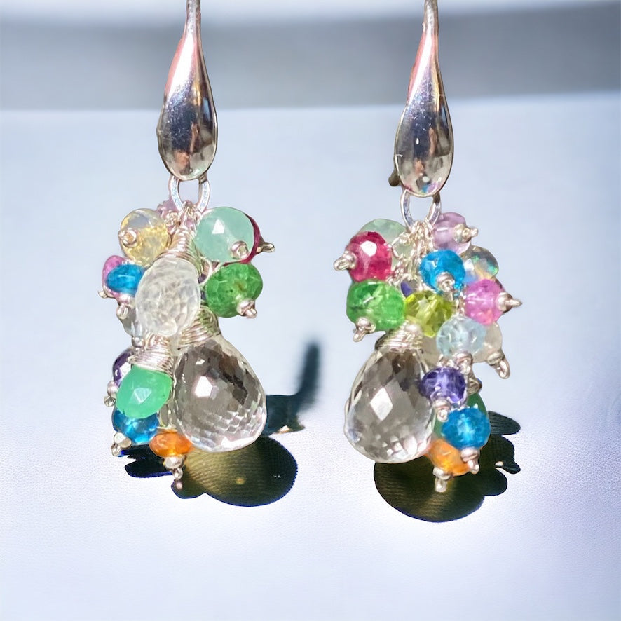 Crystal Quartz Dangle Earrings with Multi Gemstone Cluster Sterling Silver 4