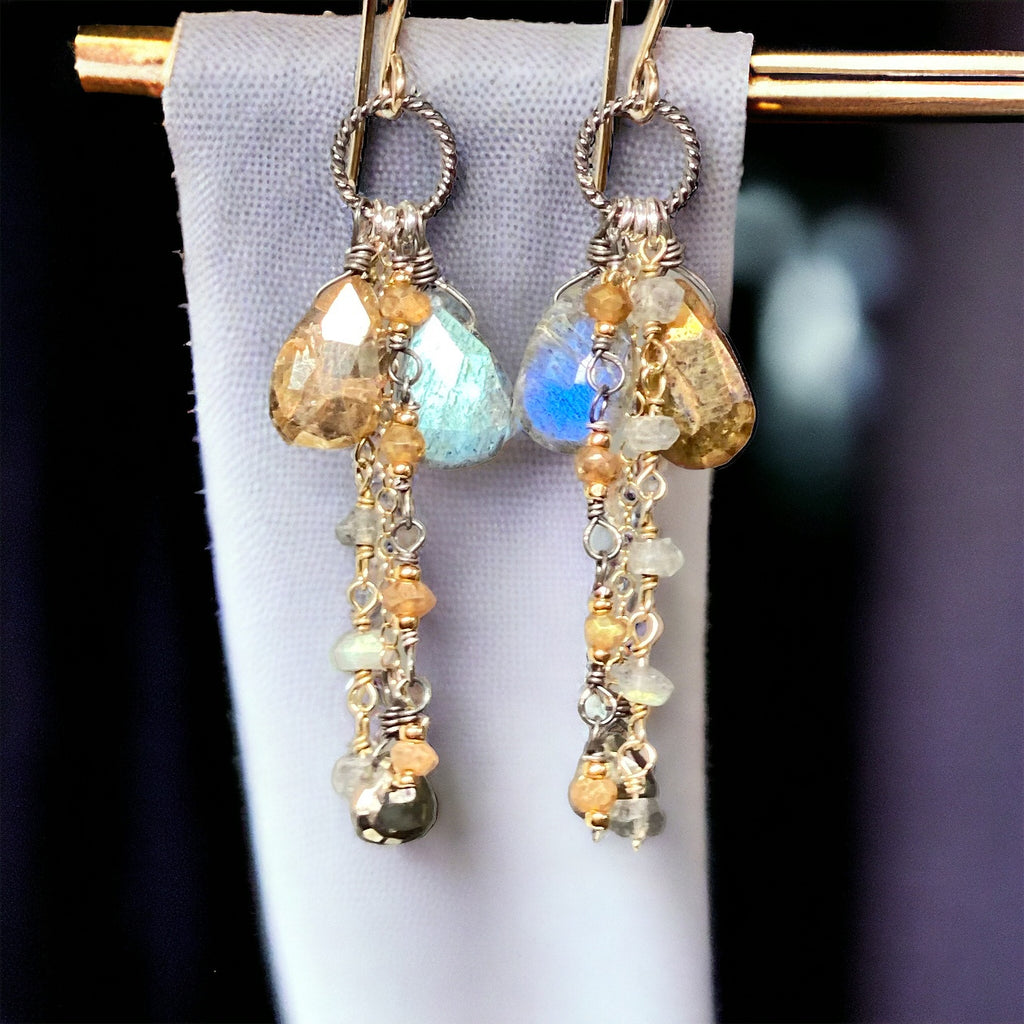 Labradorite Boho Long Gem Dangle Earrings in Mixed Metals