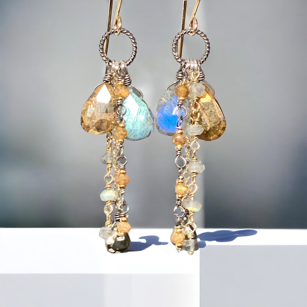 Labradorite Boho Long Gem Dangle Earrings in Mixed Metals