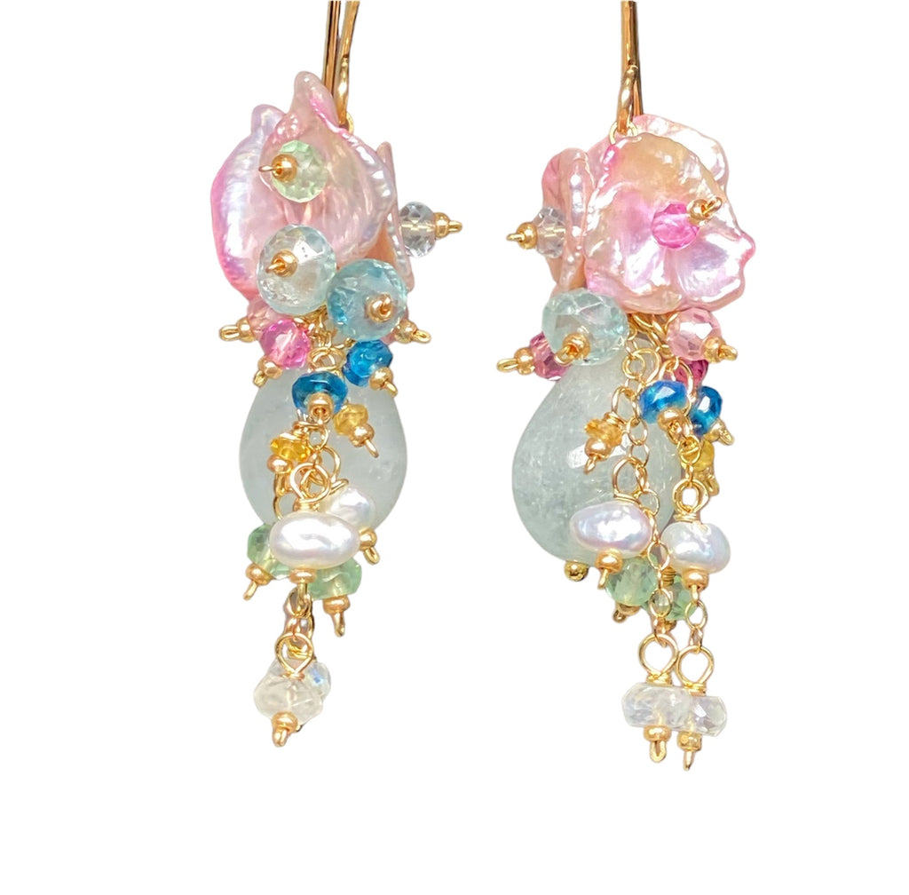 Aquamarine, Pink Keishi Pearl and Pastel Gemstone Wedding Earrings - Doolittle