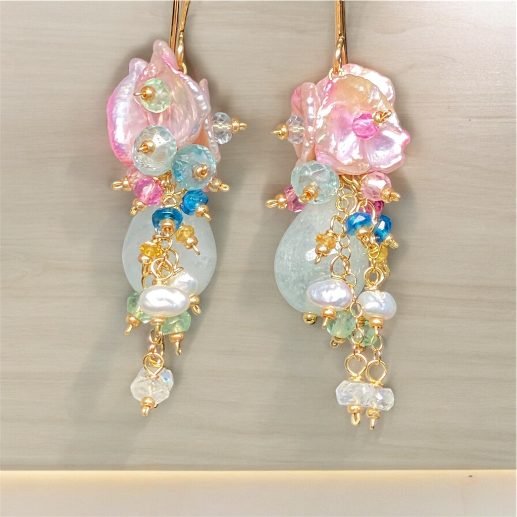Aquamarine, Pink Keishi Pearl and Pastel Gemstone Wedding Earrings - Doolittle