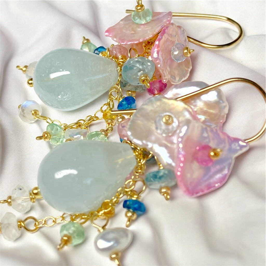 Aquamarine, Pink Keishi Pearl and Pastel Gemstone Wedding Earrings - Doolittle