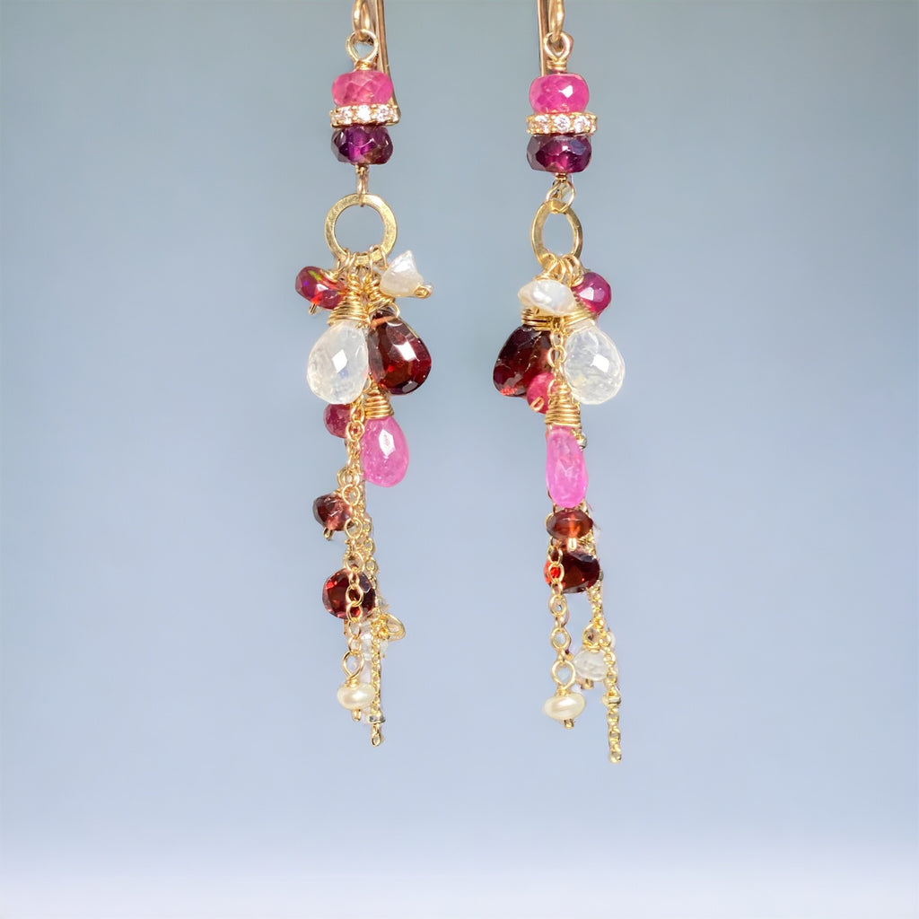 Red Gemstone Long Boho Chain Dangle Earrings Garnet Pink Sapphire