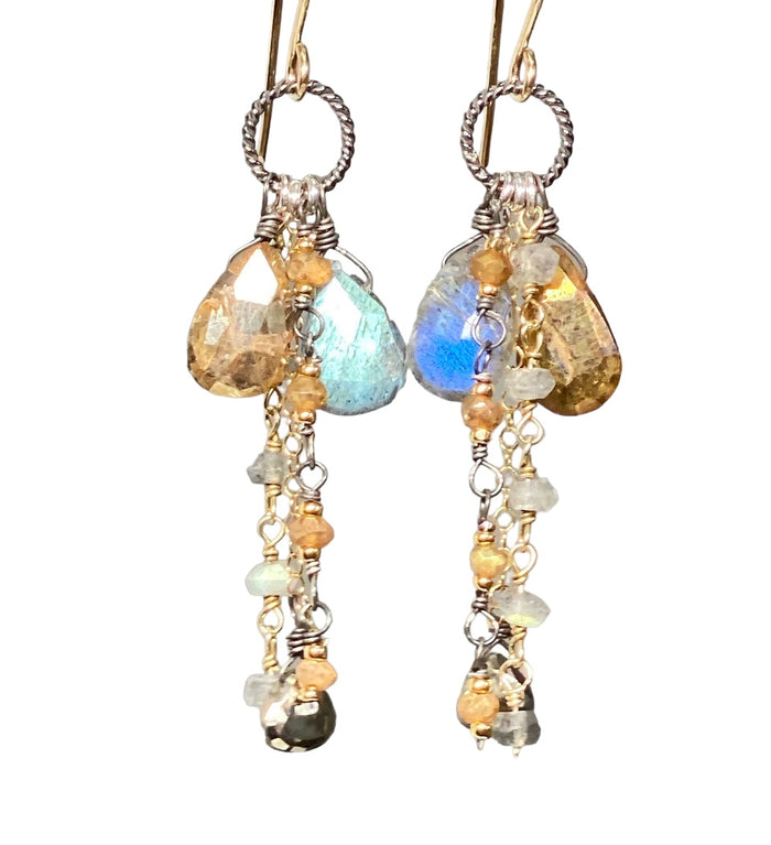 Labradorite Boho Long Gem Dangle Earrings in Mixed Metals