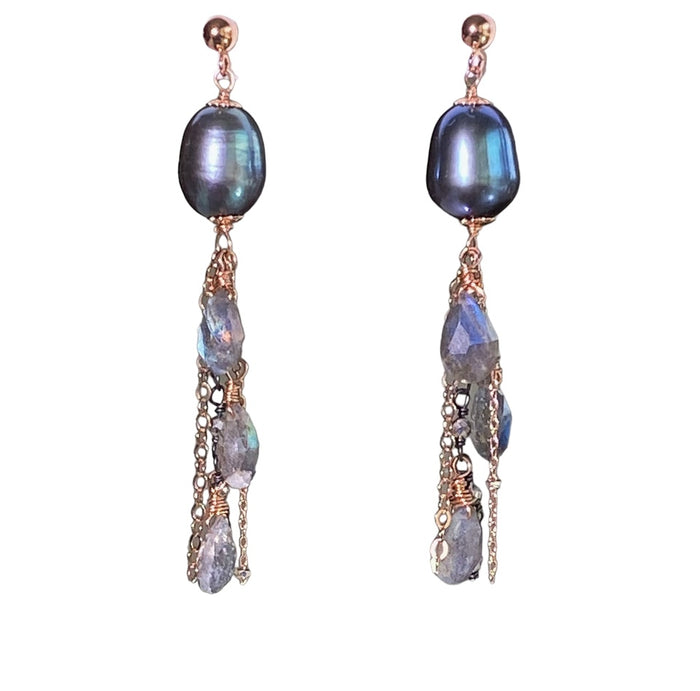 Rose Gold Labradorite and Pearl Dangle Earrings