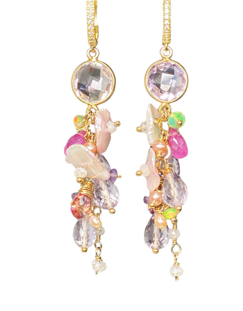 Keishi Pearl Pastel Pink Lavender Cascade Wedding Earrings