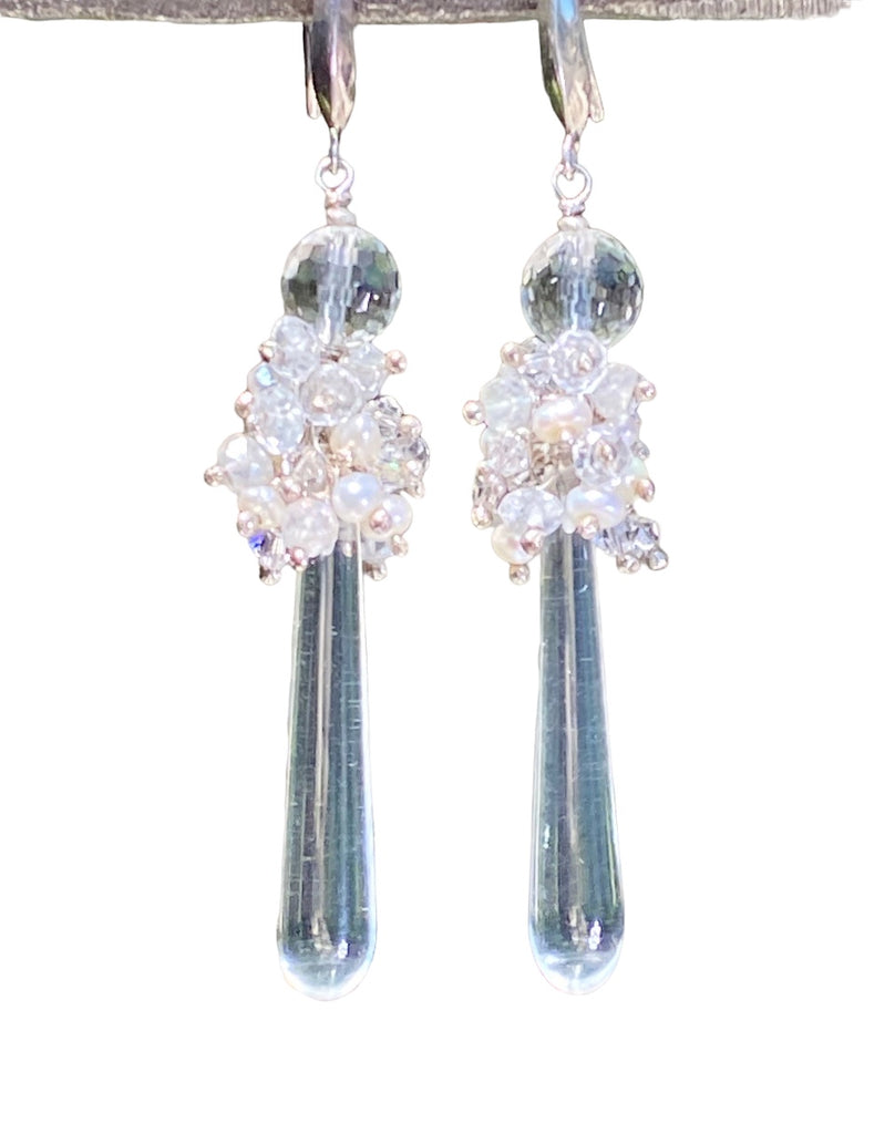Pearl Cluster Long Crystal Quartz Drop Wedding Earrings - Doolittle