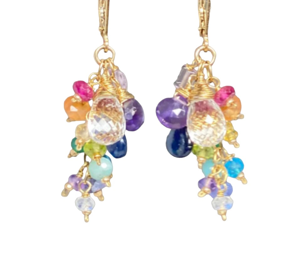 Crystal Quartz Dangle Earrings with Multi Gemstone Cluster, 3
