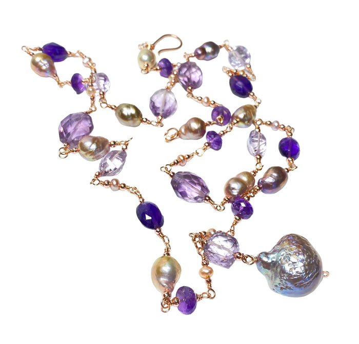 Long Amethyst Gem Stone and Baroque Pearl Necklace in Rose Gold