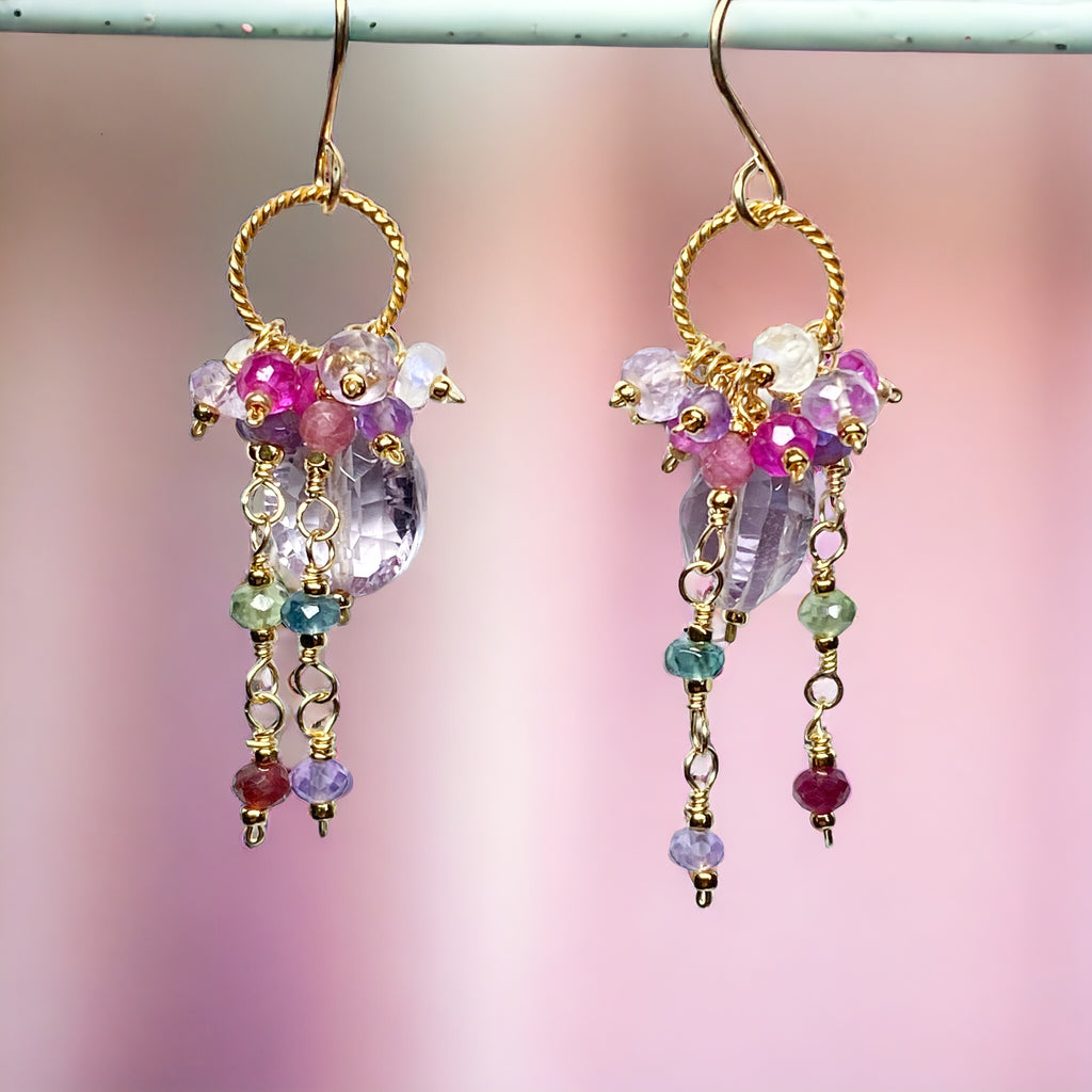 Pink Amethyst, Pink Quartz and Colorful Gem Dangle Earrings Gold Fill