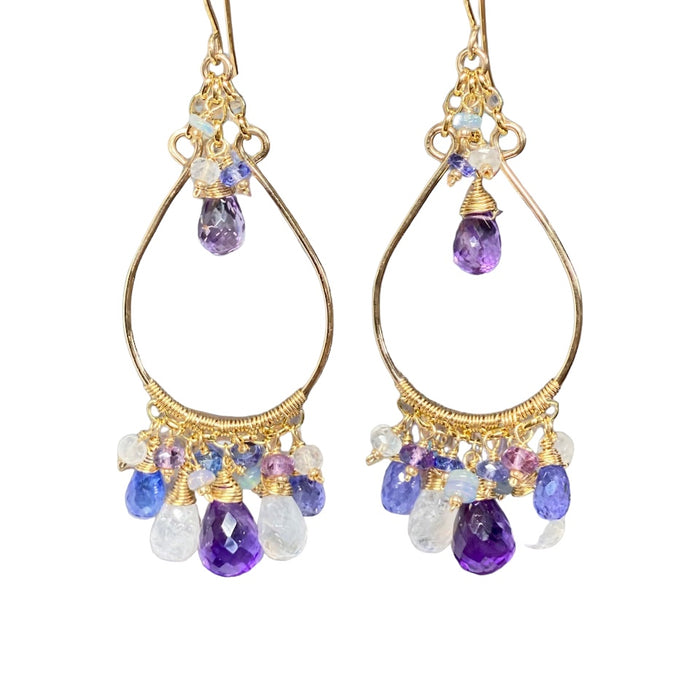 Gemstone Statement Chandelier Earrings in Tanzanite, Amethyst, Moonstone