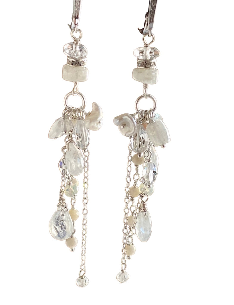 Rainbow Moonstone Long Boho Earrings Crystal Quartz Sterling Silver