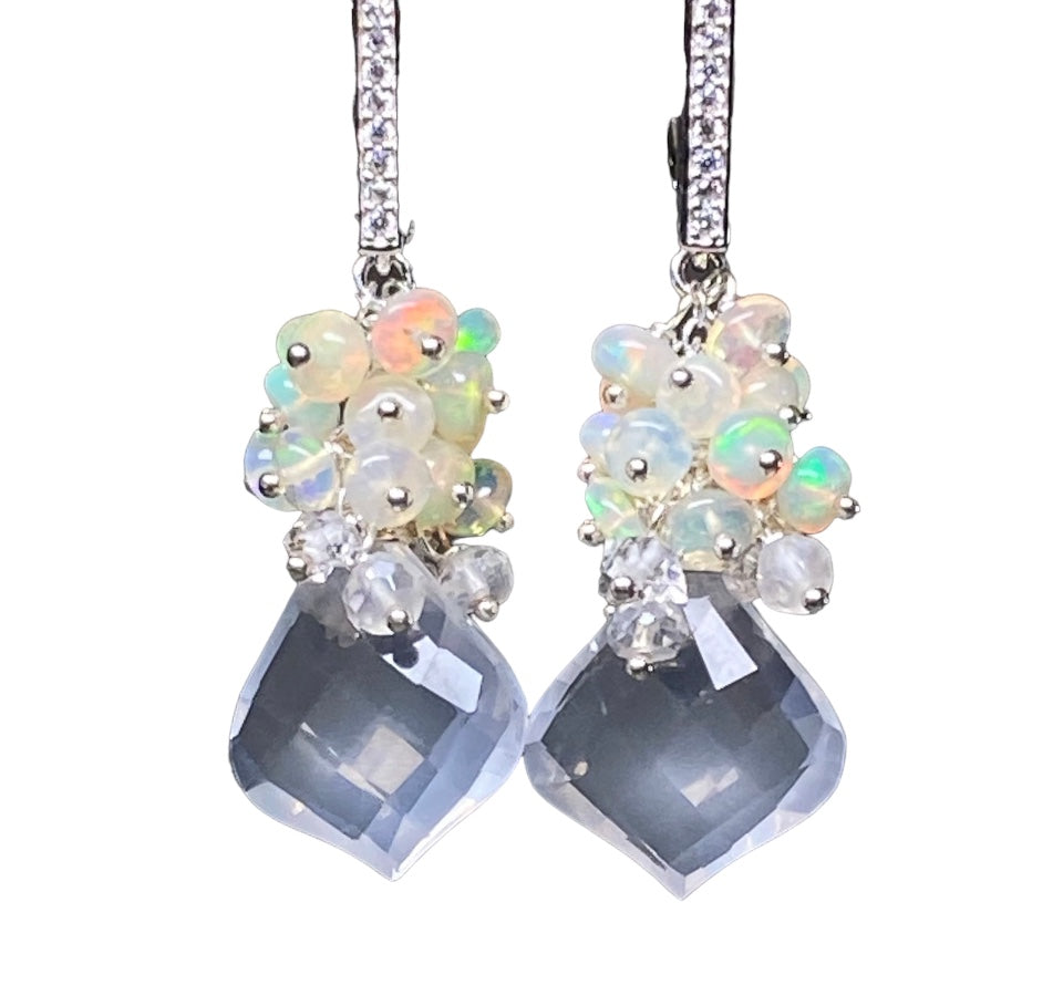 Opal Cluster Crystal Quartz Leverback Earrings
