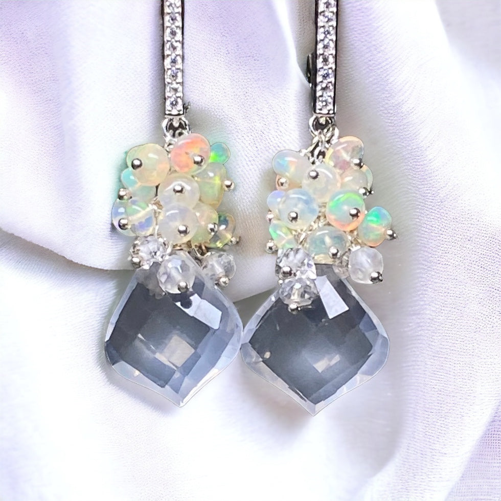 Opal Cluster Crystal Quartz Leverback Earrings