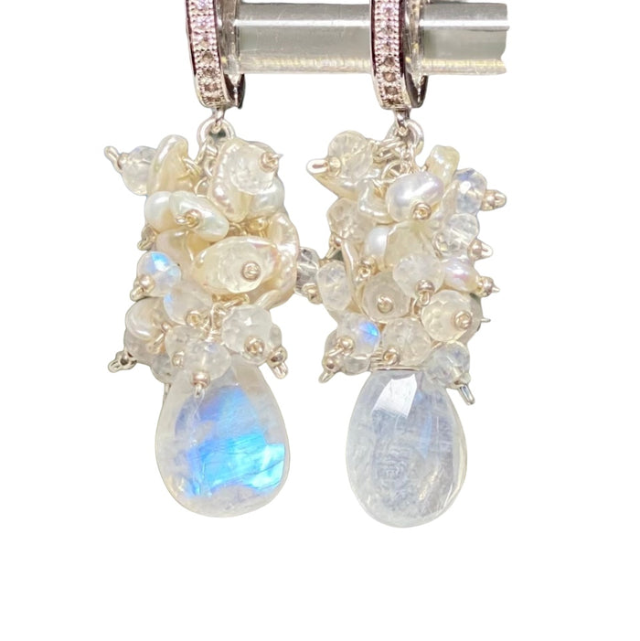 Rainbow Moonstone Keishi Pearl Cluster Earrings Sterling Silver