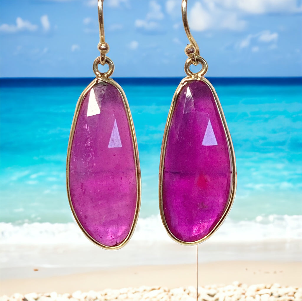 Rose Cut Ruby Dangle Earrings in 14k Gold