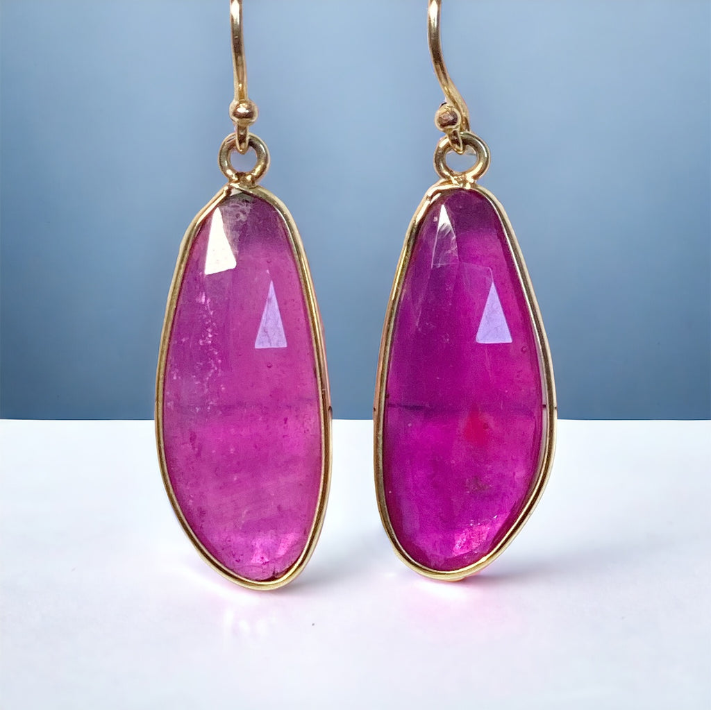 Rose Cut Ruby Dangle Earrings in 14k Gold