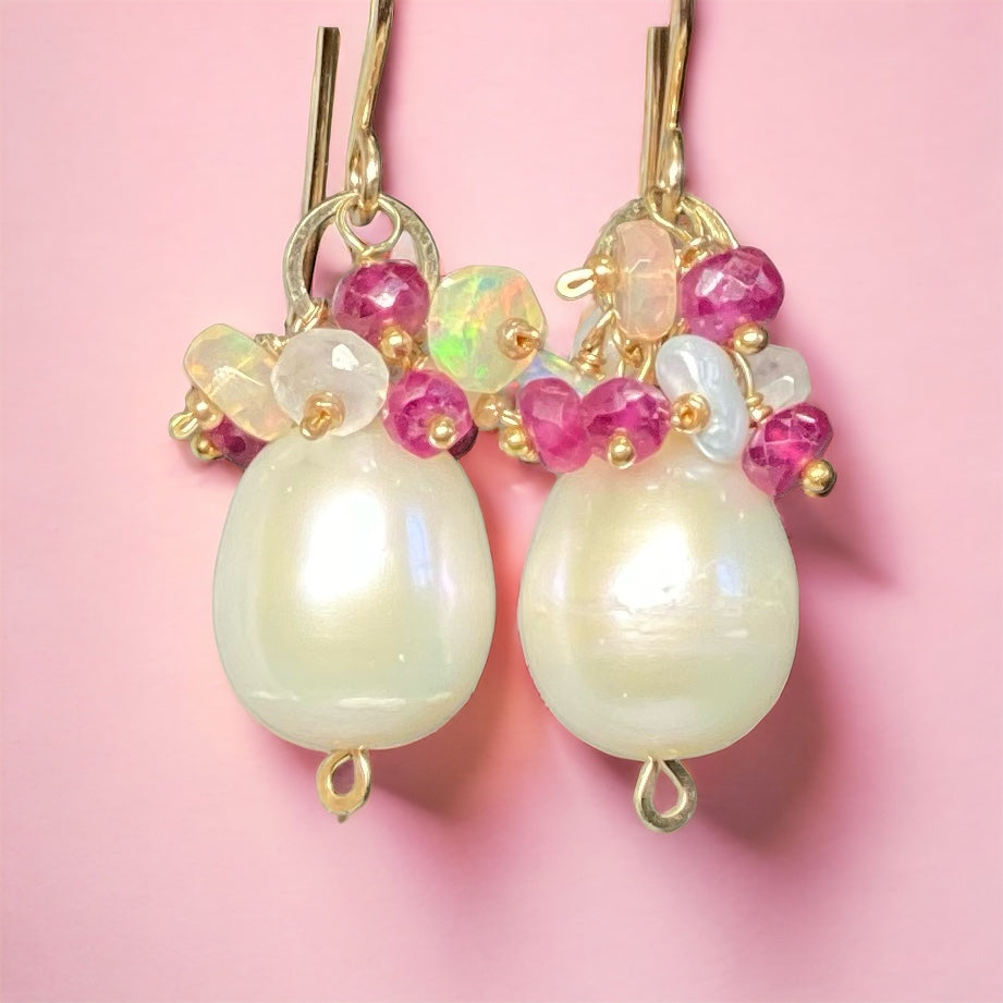Pearl Earrings with Ruby, Opal, Keishi Pearl Clusters, Gold Fill
