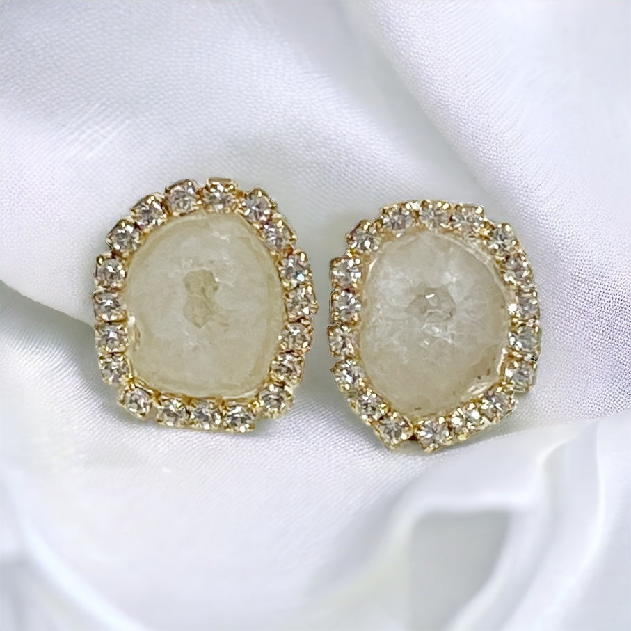 Ivory Tabasco Geode Slice Stud Bridal Earrings Creamy White