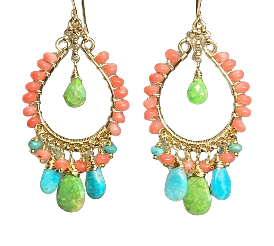 Turquoise Gold Hoop Chandelier Earrings Kingman Turquoise