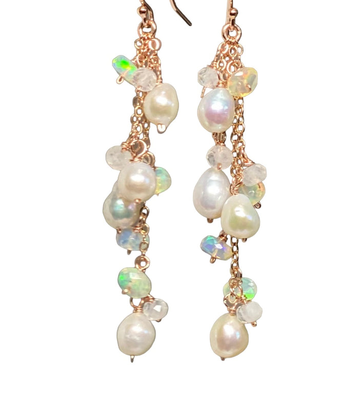 Edison Pearl Dainty Dangle Earrings with Moonstones and Opals