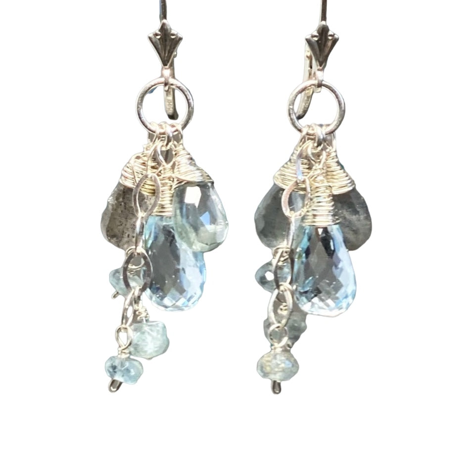 Moss Aquamarine, Blue Topaz, Labradorite Dangle Earrings Sterling Silver