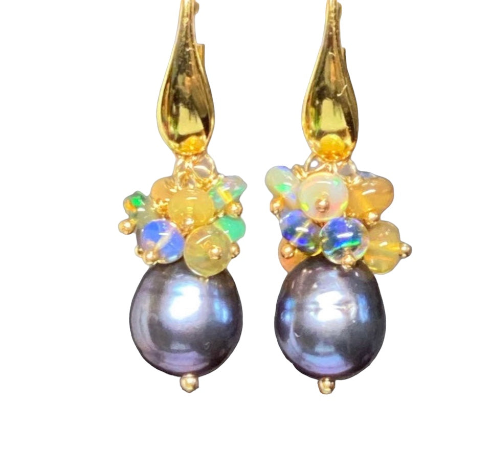 Black Grey Baroque Pearl Opal Cluster Gold Earrings