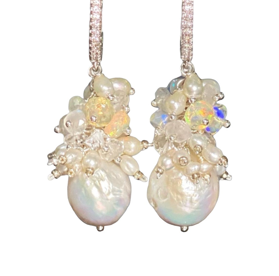 Baroque Edison Pearl and Opal Cluster Earrings Sterling Silver