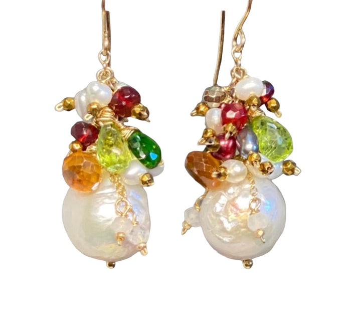 Multi-color Gemstone and Pearl Cluster Gold Post Earrings