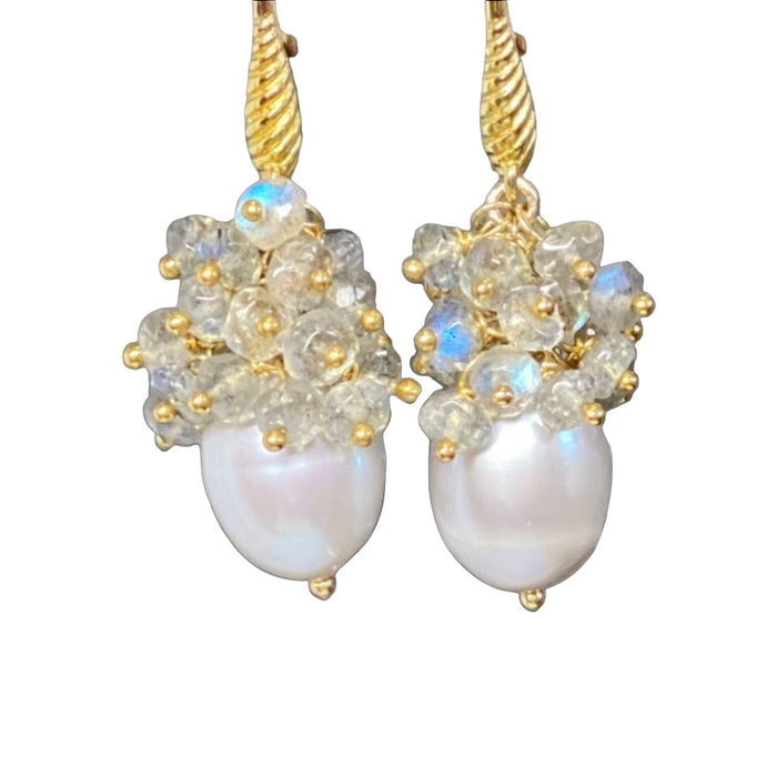Silver Grey Pearl Labradorite Cluster Earrings in Gold