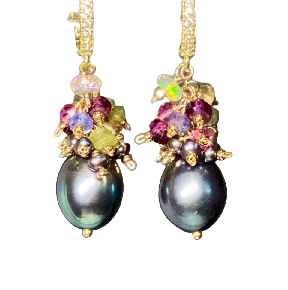 Gray Pearl Earrings with Gemstone Clusters in 14 kt Gold Fill