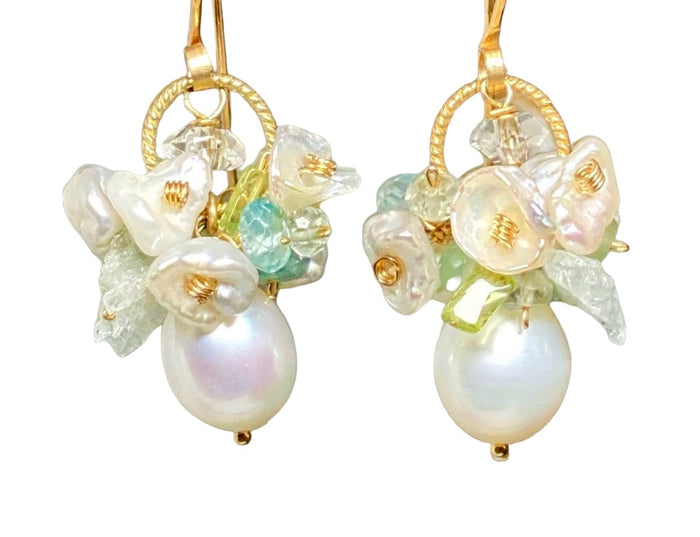 Ivory Baroque Pearl Earrings Clusters of Aquamarine, Peridot, Herkimer Diamond Quartz