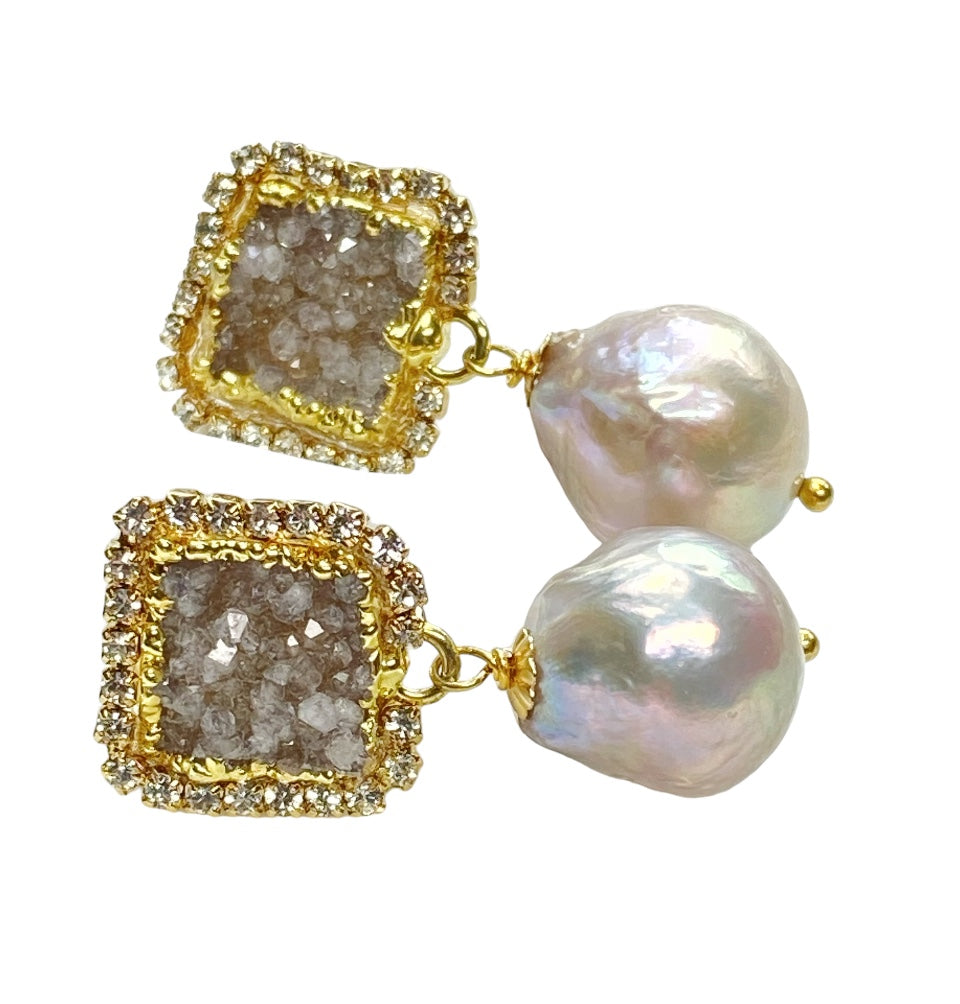 Silver Druzy Crystal and Baroque Pearl Dangle Earrings