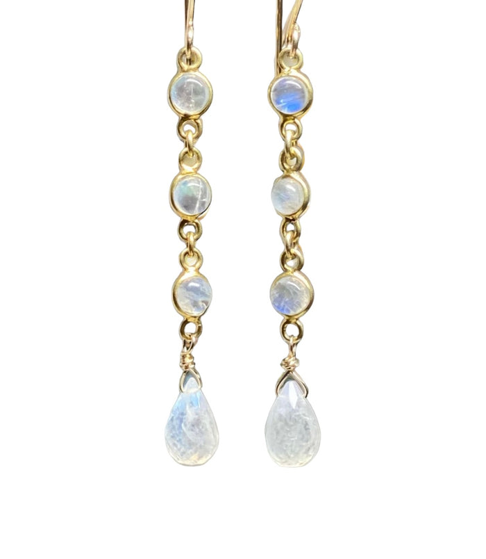 Rainbow Moonstone Teardrop Triple Dangle Earrings Gold Fill