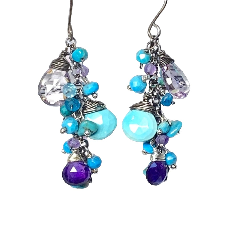 Sleeping Beauty Turquoise Dangle Earrings with Amethyst in Oxidized Sterling Silver