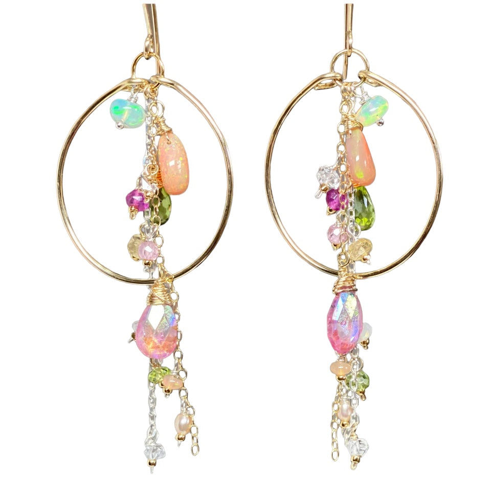 Gold Fill Hoop Earrings with Multi Gemstone Dangles, Opals, Peridot