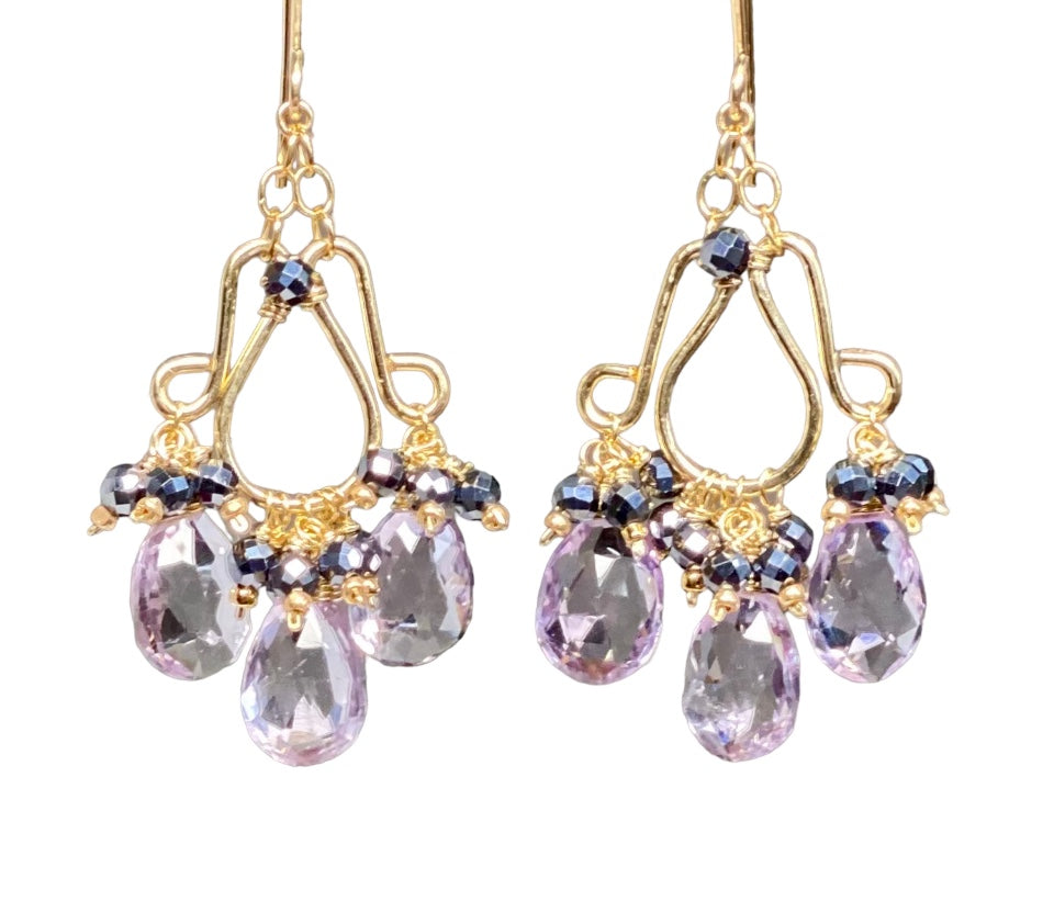 Pink Amethyst Chandelier Earrings Gold Fill with Black Clusters