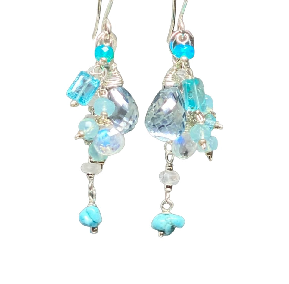 Aqua Quartz, Moonstone, Apatite and Sterling Silver Dangle Earrings