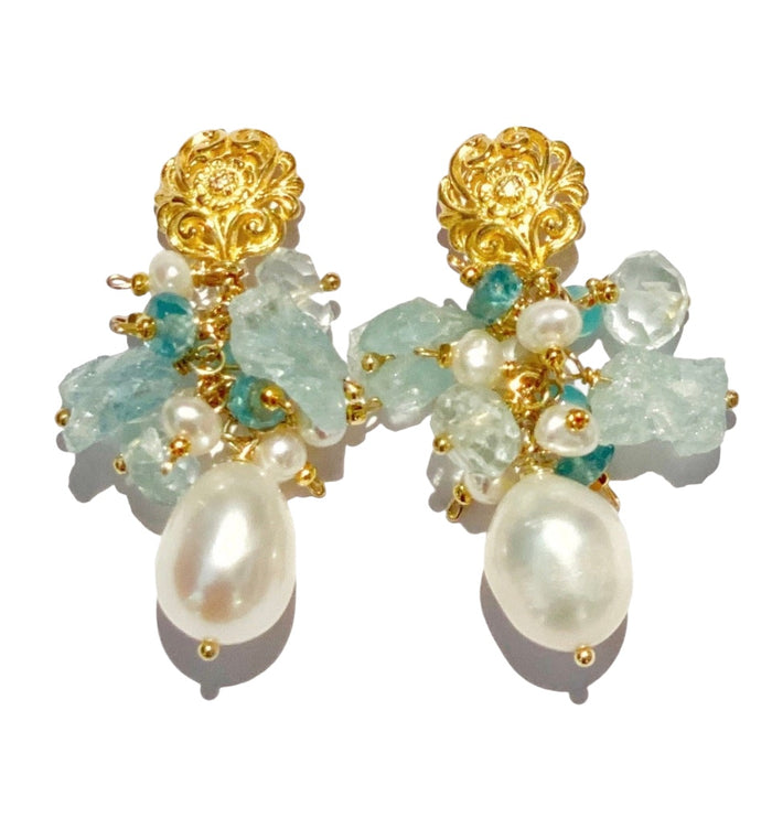 Aquamarine Gemstone Pearl Cluster Earrings Gold Post