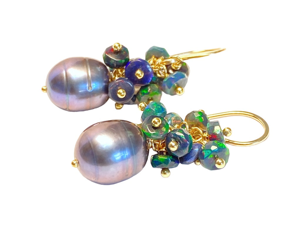 Black Grey Peacock Pearl Black Opal Cluster Earrings Gold Fill