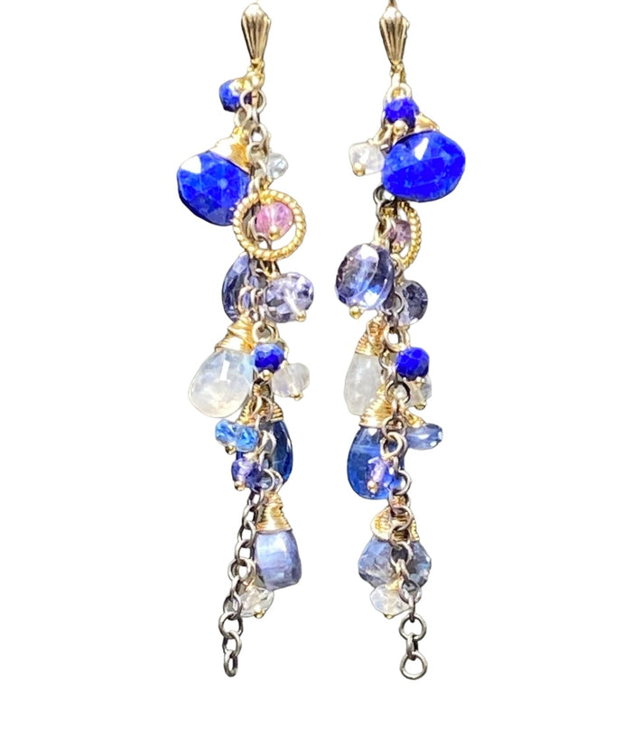 Blue Dangle Earrings Lapis Kyanite Mixed Metals