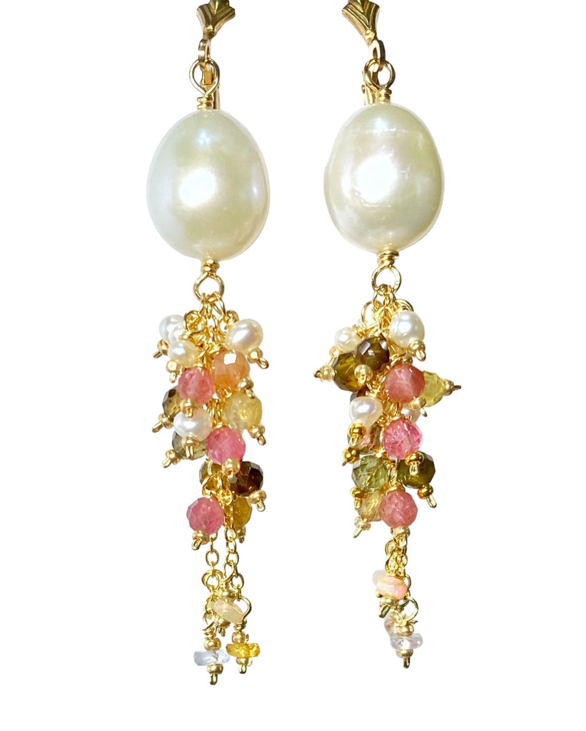 Pearl and Tourmaline Tassel Dangle Earrings