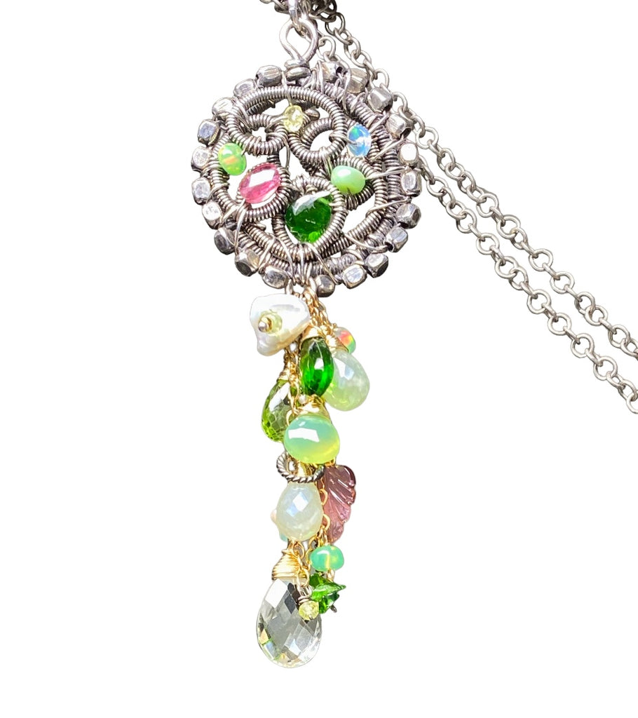 Boho Gemstone Pendant Oxidized Silver Pink Tourmaline, Opal, Green Gems
