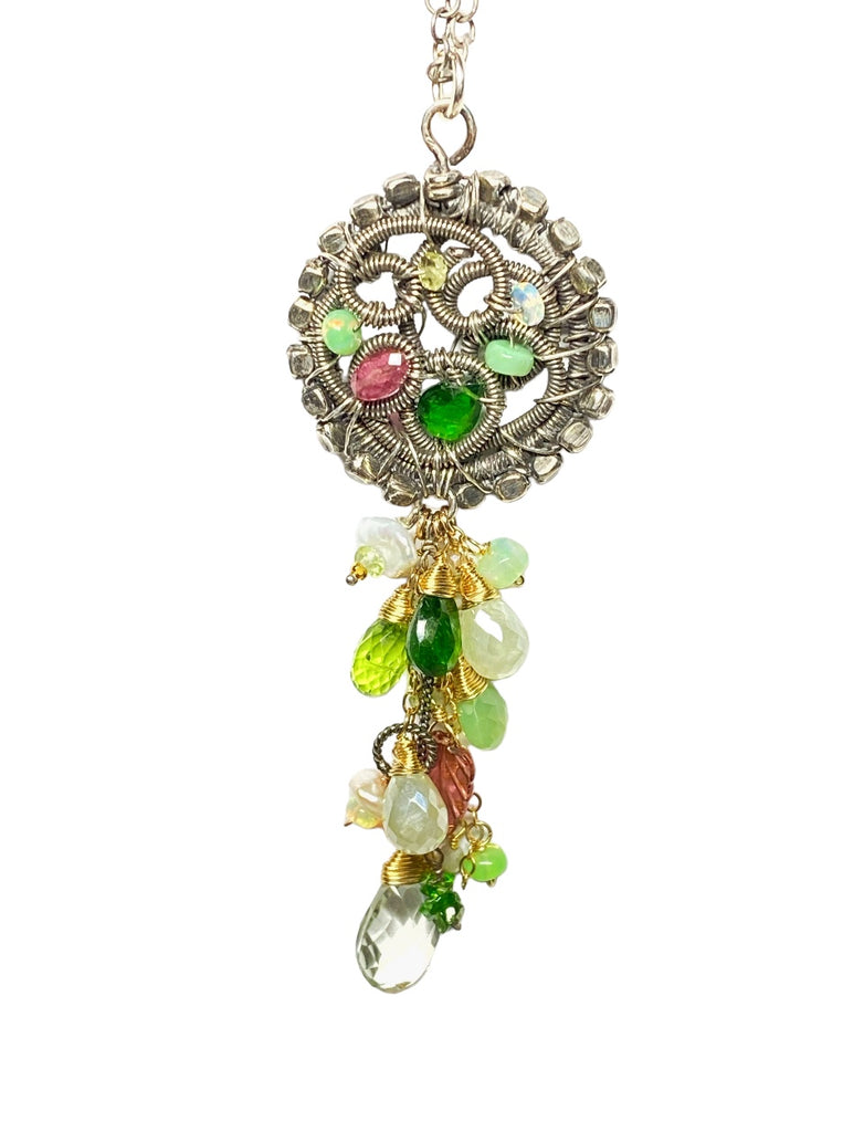 Boho Gemstone Pendant Oxidized Silver Pink Tourmaline, Opal, Green Gems