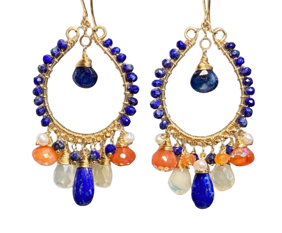 Blue Lapis Gold Fill Hoop Earrings Mystic Carnelian & Fire Opal