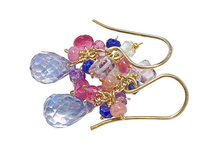 Blue Multicolor Gem Wire Wrap Gold Earrings - Doolittle