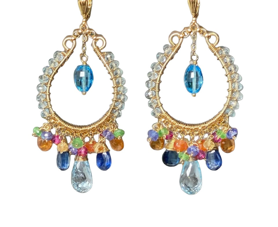 Blue Topaz Multicolor Gemstone Hoop Earrings in Gold Fill 2