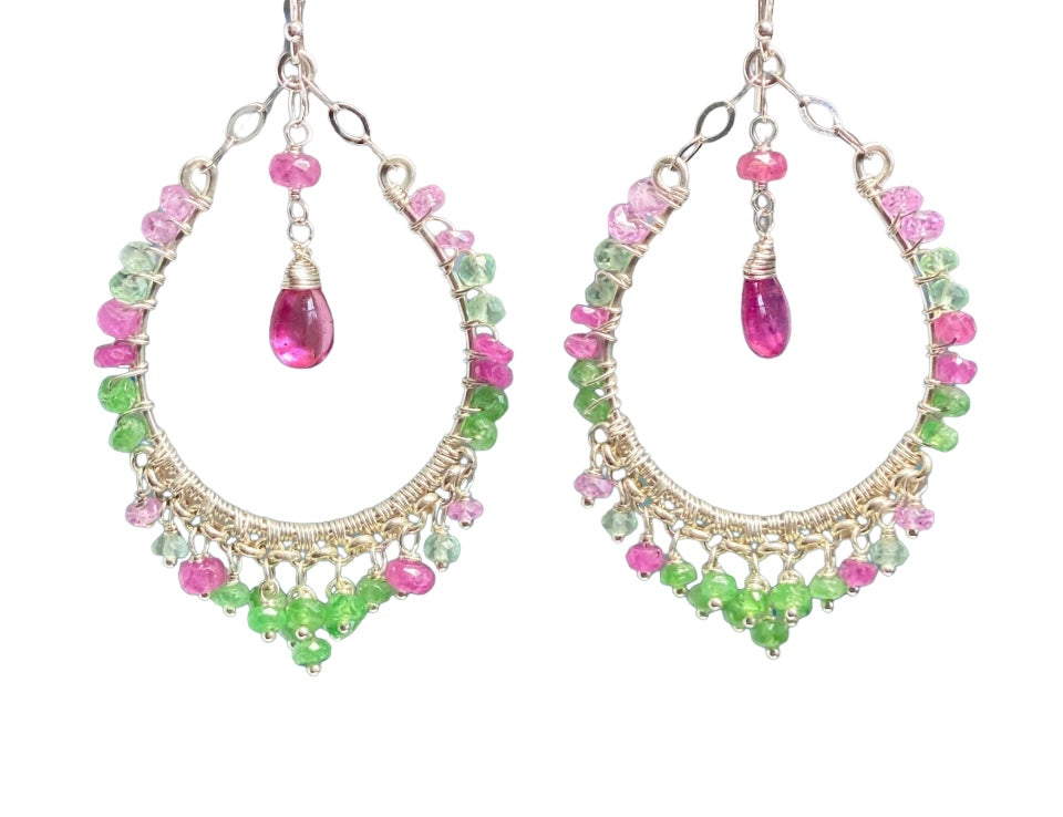 Sterling Silver Pink Sapphire Tsavorite Hoop Earrings