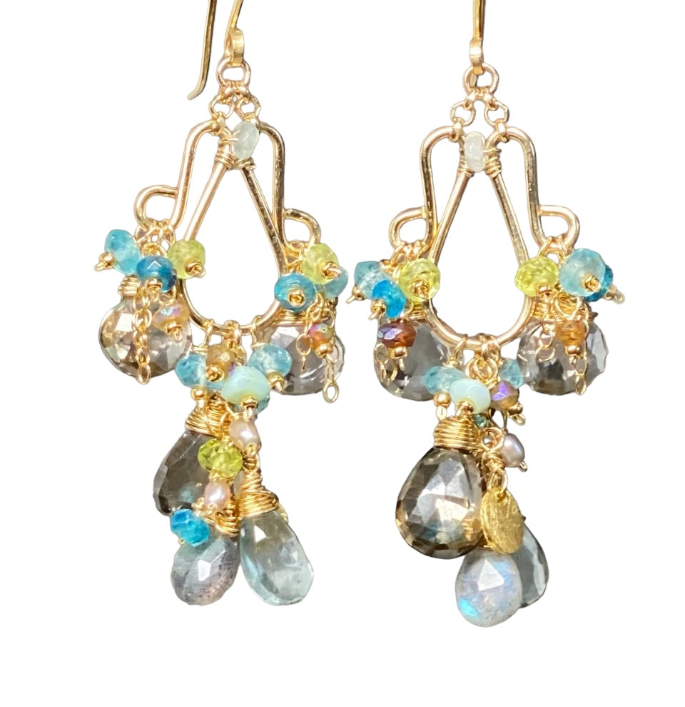 Gold Filled Gemstone Chandelier Earrings Moss Aquamarine, Smokey Quartz, Apatite