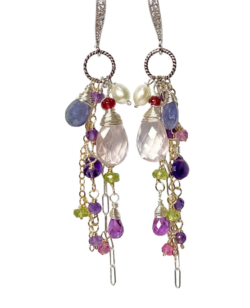 Rose Quartz Multi Gem Dangle Earrings Tanzanite, Violet, Sterling